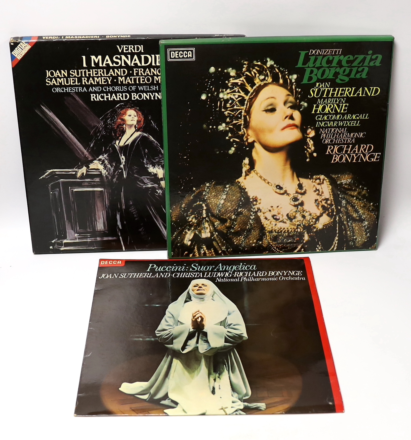 Joan Sutherland interest; a signed LP box set of Donizetti’s Lucretia Borgia, together with a signed LP of Puccini’s Suor Angelica, both signed by Joan Sutherland and Richard Bonynge, plus another unsigned LP box set (3)